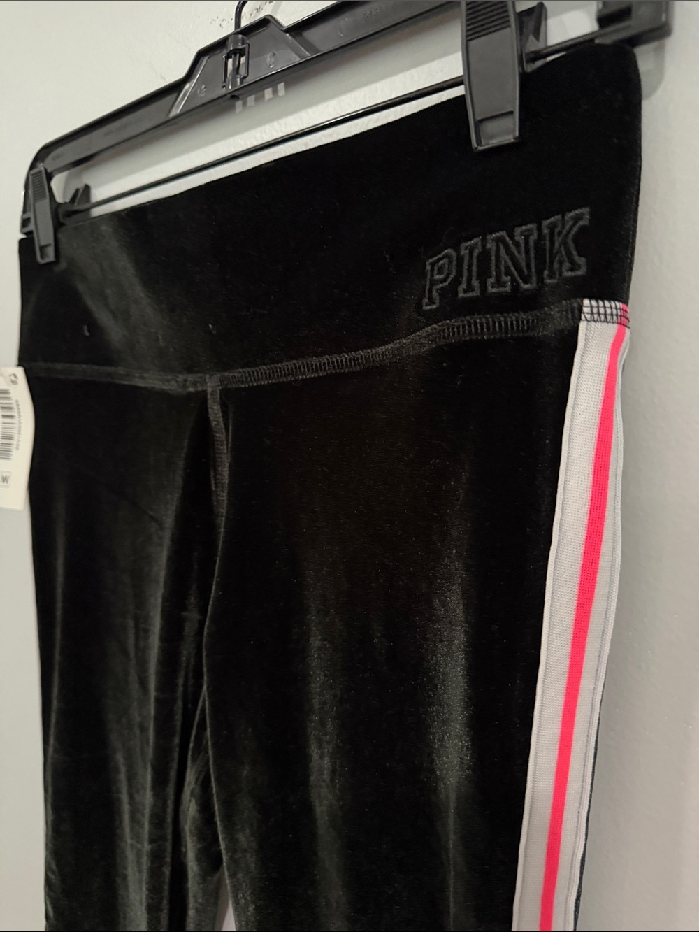 Victorias Secret PINK Velour Side Stripe Leggings Black Neon Pink Small 2 4 NWT